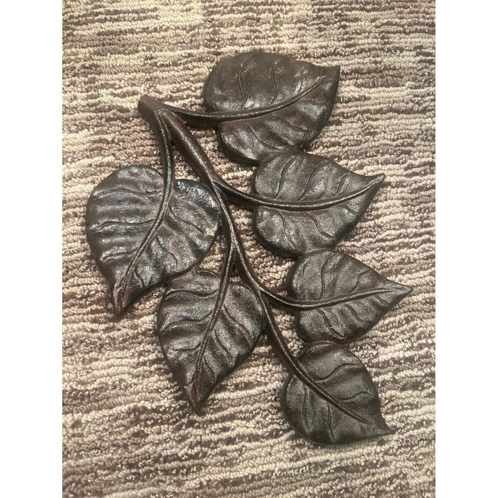 Vintage Cast Iron Leaf Branch Wall Art Rustic Brown Metal Botanical Sculpture